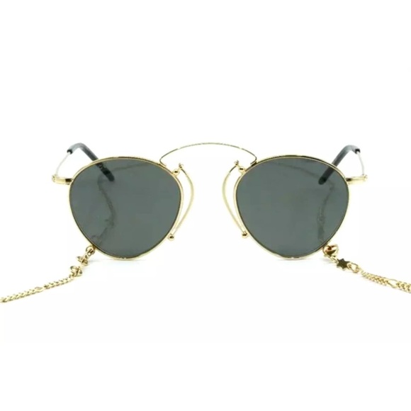 GUCCI Pince-Nez Sunglasses GG1034S 002 48-22 Gold Frames Grey Lenses +Gold Chain